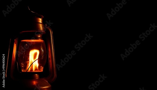 Close up image of a burning fire lantern on a black background