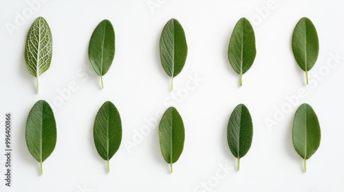 Sage leaves arranged on a clean white backdrop