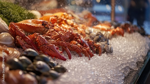 A large display of fresh crabs, lobster, and clams in a market, with ice and seaweed adding to the coastal atmosphere. photo