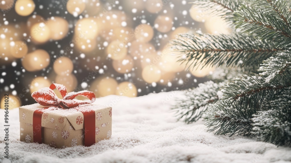 Festive backdrop featuring a gift box and a snow covered pine tree complemented by a bokeh effect perfect for a greeting card Festive backdrop featuring a gift box and a snow covered pine tree complemented by a bokeh effect perfect for a greeting card