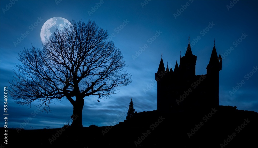 Obraz premium silhouette image of a Halloween tree without leaves at night with a scary castle