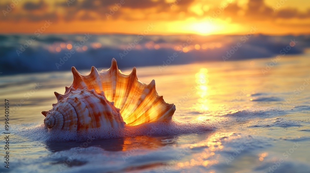 A large, intricate seashell glowing under the golden light of sunrise, with waves rolling in the background on a tranquil beach. A large, intricate seashell glowing under the golden light of sunrise, with waves rolling in the background on a tranquil beach.