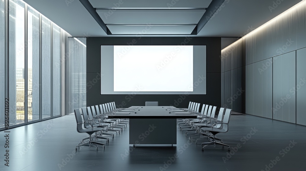 A spacious modern conference room with sleek furniture and a large wall screen, perfect for presentations and meetings. A spacious modern conference room with sleek furniture and a large wall screen, perfect for presentations and meetings.