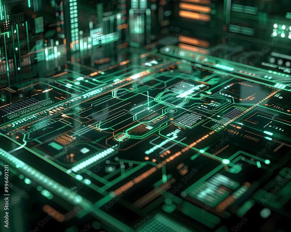 Fototapeta premium Futuristic Quantum Computer Terminal with Holographic Data Projections and Complex Calculations