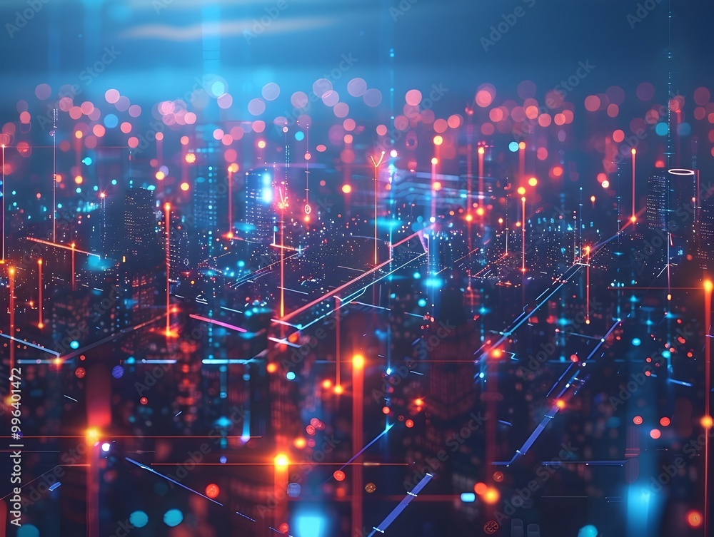 Obraz premium Quantum Internet Cityscape with Glowing Network Nodes and High Speed Connections