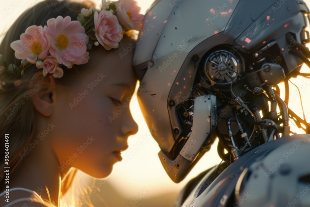 A young girl gently touches the face of a robot, with a curious expression A young girl gently touches the face of a robot, with a curious expression