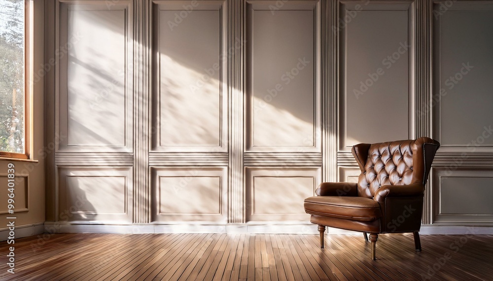 Leather chair in empty studio against classic wall panels. Room mockup with luxury modern design. Minimalistic space with window shadow overlay on floor. luxury apartment comfortable suite lounge