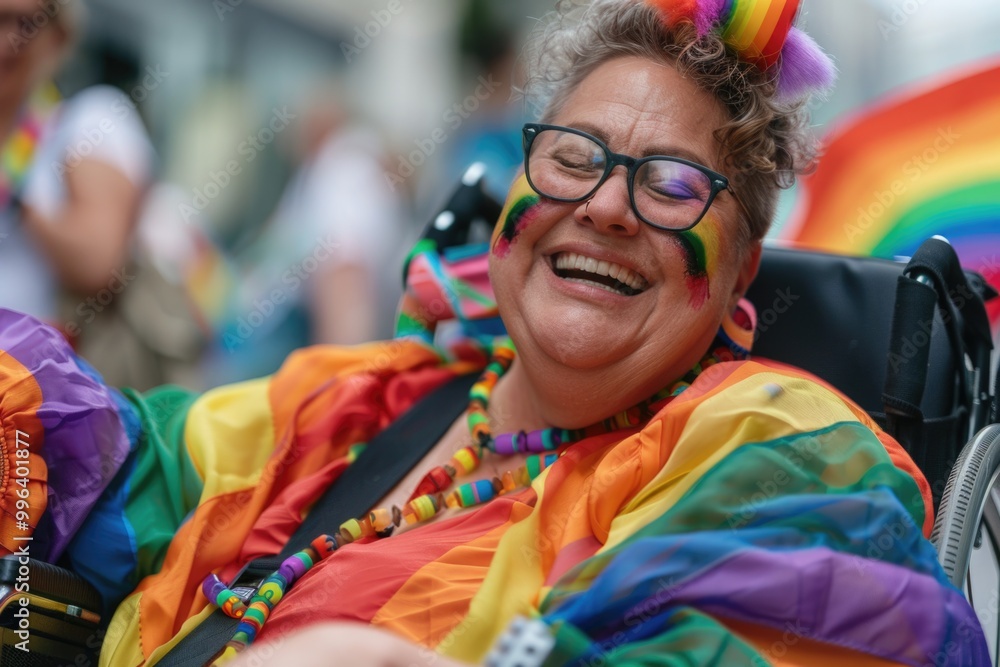 A person in a wheelchair with colorful rainbow painting on their face, perfect for inclusivity and diversity concepts or creative projects A person in a wheelchair with colorful rainbow painting on their face, perfect for inclusivity and diversity concepts or creative projects