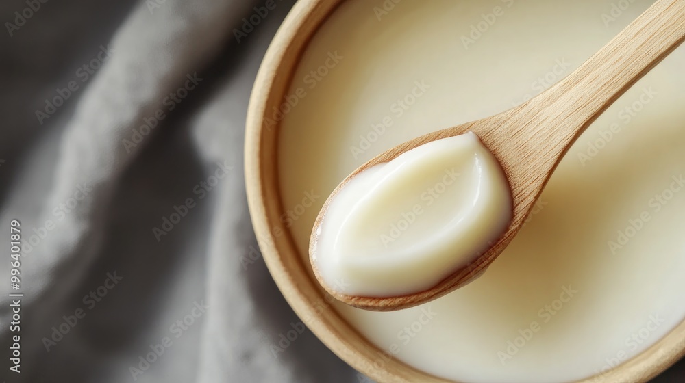 Close up of white soy wax with a wooden spoon for candle making against a gray backdrop Close up of white soy wax with a wooden spoon for candle making against a gray backdrop