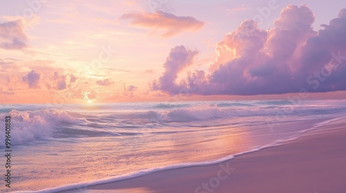 Soft pink and purple clouds drift above a serene sea where gentle waves caress a sandy shore during sunset