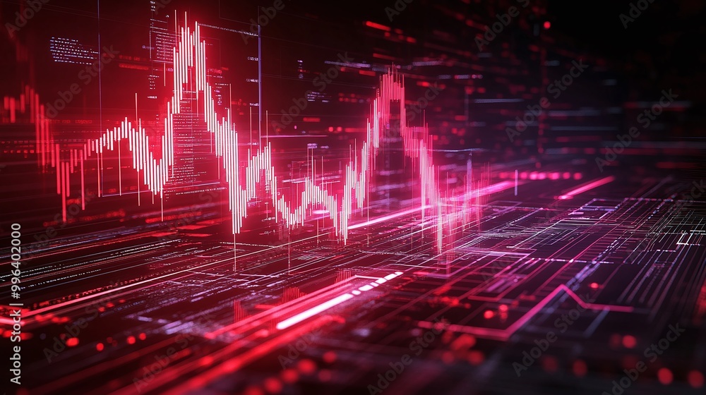 Digital data visualization with red graphics representing data trends and fluctuations on a dark background. Digital data visualization with red graphics representing data trends and fluctuations on a dark background.