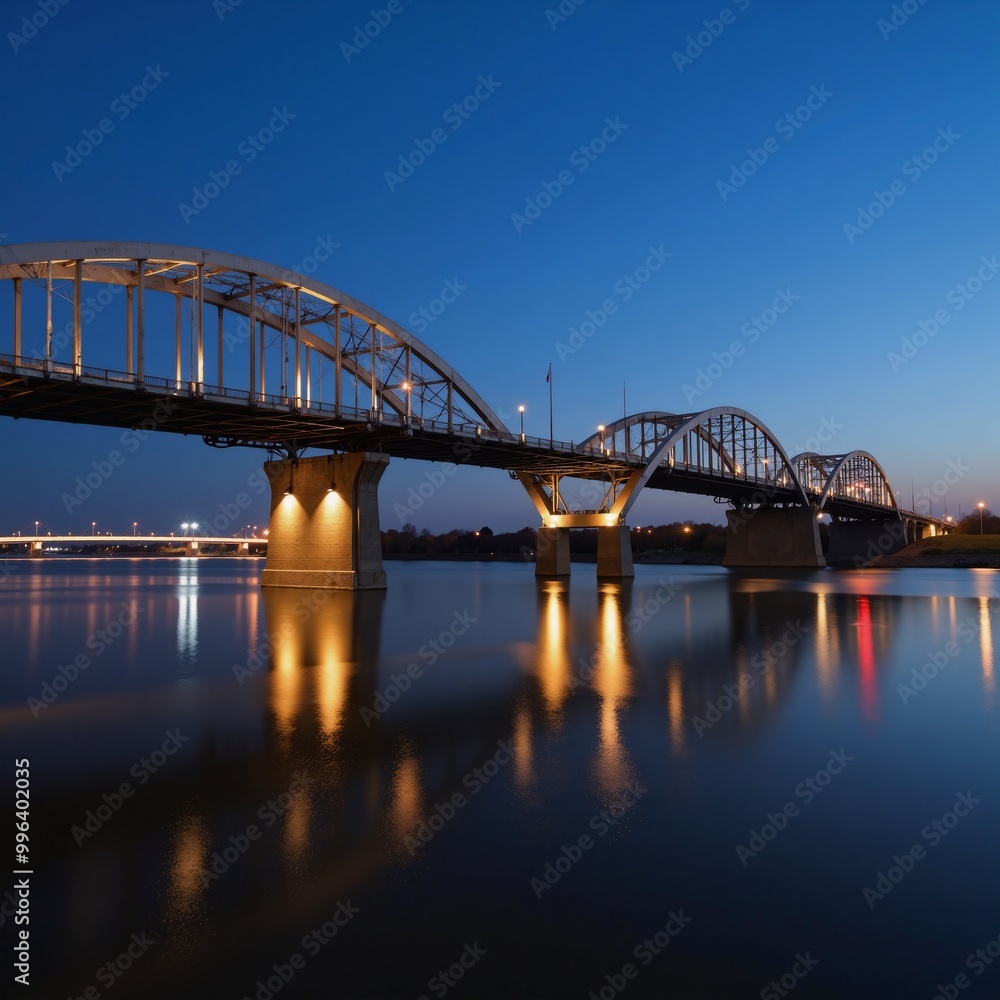 Sleek steel arches of Hoan Bridge illuminate at dusk over the Milwaukee River with soft LED light reflections on the waters surface Sleek steel arches of Hoan Bridge illuminate at dusk over the Milwaukee River with soft LED light reflections on the waters surface