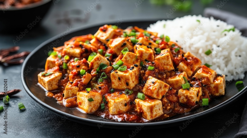 Mapo tofu served with rice on a dark plate Mapo tofu served with rice on a dark plate