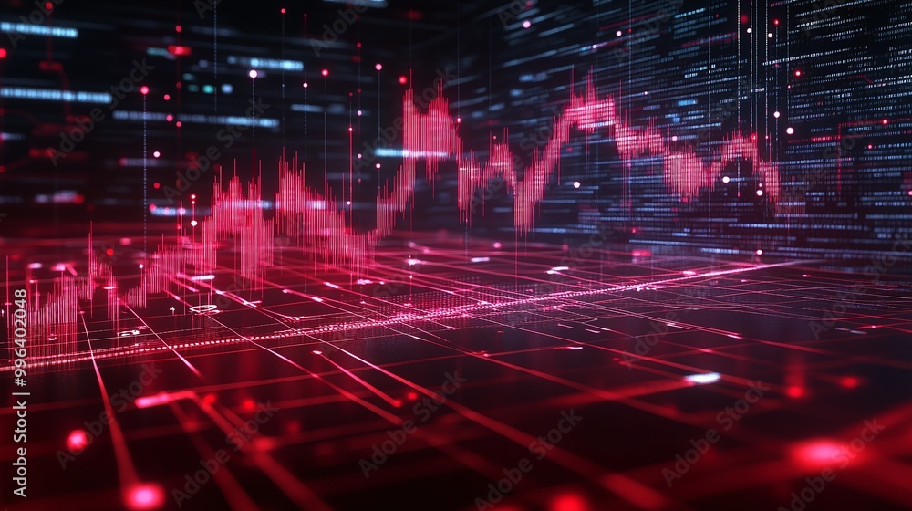 Digital data visualization with red lines on a dark background representing stock market trends and analytics. Digital data visualization with red lines on a dark background representing stock market trends and analytics.