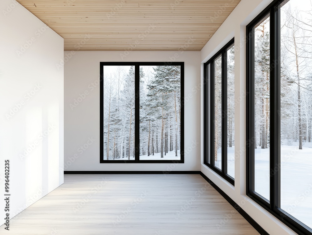 Fototapeta premium Modern interior design with large windows and snowy landscape view.