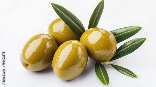 Green olives with leaves set against a clean white background