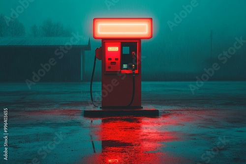 Gas pump illuminated by neon lights, moody nighttime scene.