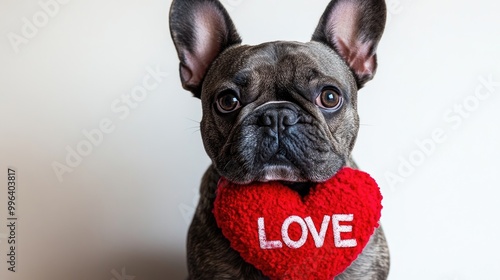 Adorable French Bulldog sporting a red Valentine s Day heart with LOVE text around its neck set against a white backdrop photo