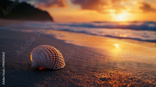 A lone seashell in the foreground of a peaceful beach, with the tide approaching and a sunset casting warm light across the scene.