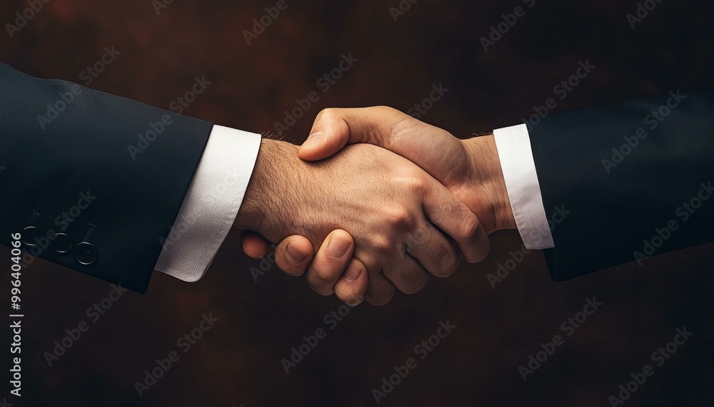 Handshake between two professionals, dark background.