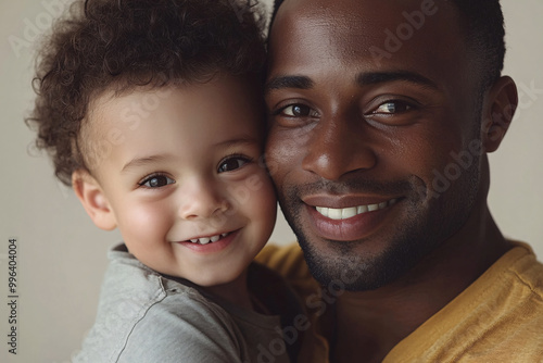 Mixed racial Father and cute son smiling and interacting in front of a plain background, dressed in simple clothes, captured in a family photo portrait shoot showcasing their joyful bond