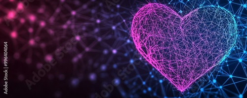 Heart shape, digital wireframe, colorful neon glowing design. photo