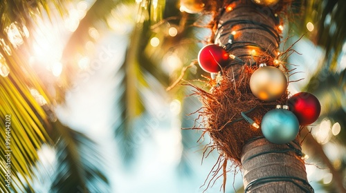 Cheerful and tropical Christmas coconut tree, adorned with ornaments and lights, creating a bright and joyful holiday atmosphere