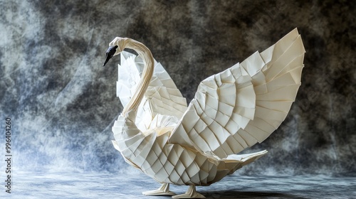 Fototapeta Naklejka Na Ścianę i Meble -  This detailed paper origami swan features intricate folds and an elegant pose created for aesthetic enjoyment