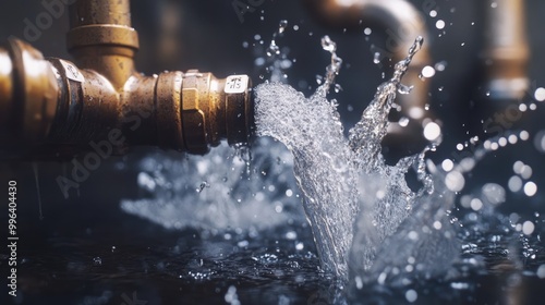 Damaged heating system pipes with water splashing out photo