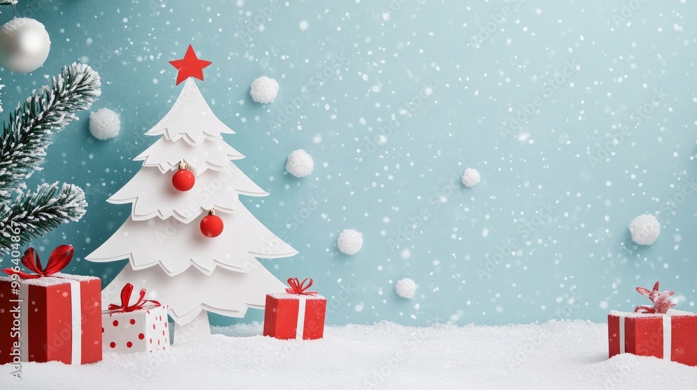 Christmas-themed paper cutout tree and gifts on the left side, against a snowy background with copy space on the right for festive messages. Christmas-themed paper cutout tree and gifts on the left side, against a snowy background with copy space on the right for festive messages.