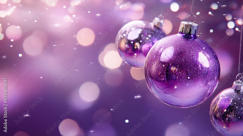 Purple festive background featuring glass ornaments and decorative elements Purple festive background featuring glass ornaments and decorative elements
