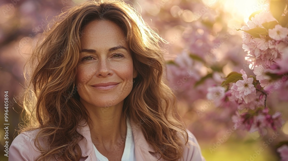 Obraz premium Beautiful European woman poses in front of a blooming cherry tree in an outdoor park, close-up of a cheerful handsome Caucasian middle-aged woman