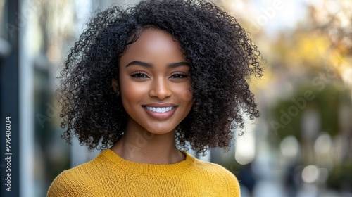 An African American young woman smiles in the street, closeup Portrait of a young African girl standing in the street of a European city