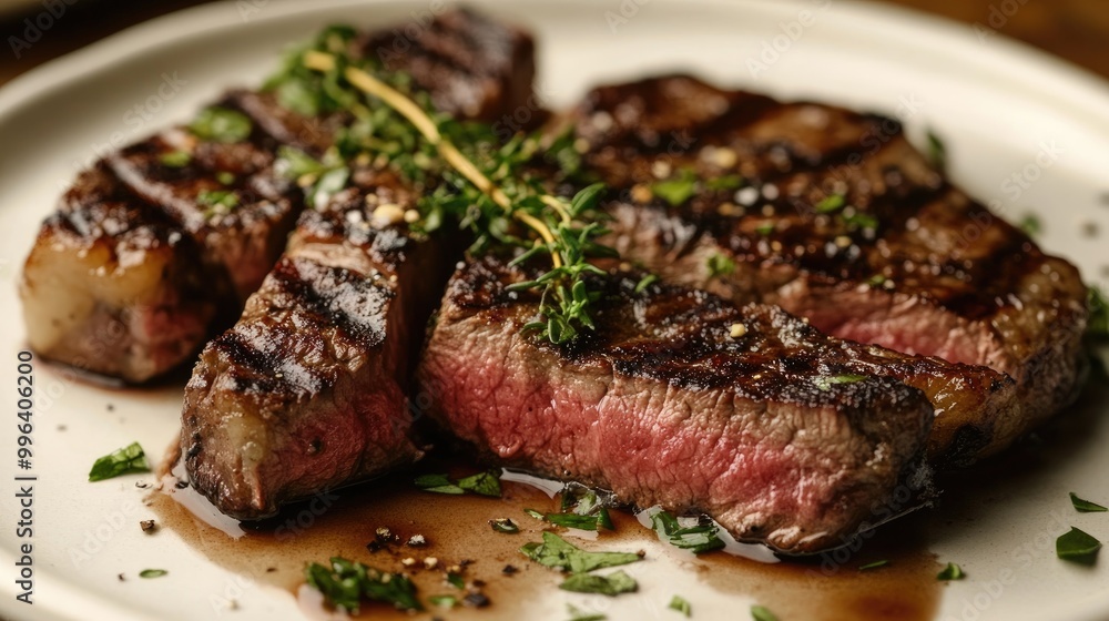 A beautifully grilled steak plated with herbs and sauce highlighting an exquisite dining experience A beautifully grilled steak plated with herbs and sauce highlighting an exquisite dining experience