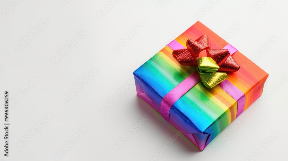 A beautifully wrapped rainbow gift box with a festive bow A beautifully wrapped rainbow gift box with a festive bow