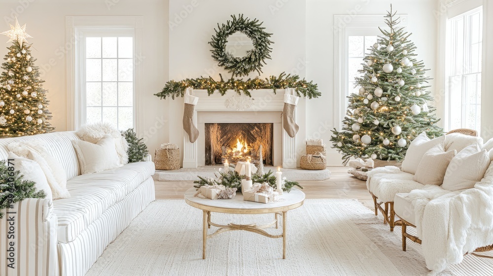 Modern Christmas design with alternating white stripes and delicate festive accents, offering a fresh and sophisticated holiday look Modern Christmas design with alternating white stripes and delicate festive accents, offering a fresh and sophisticated holiday look