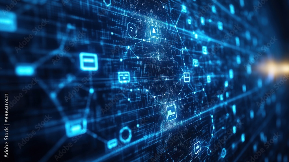 Abstract digital network with glowing blue lines and icons on a dark background. Abstract digital network with glowing blue lines and icons on a dark background.