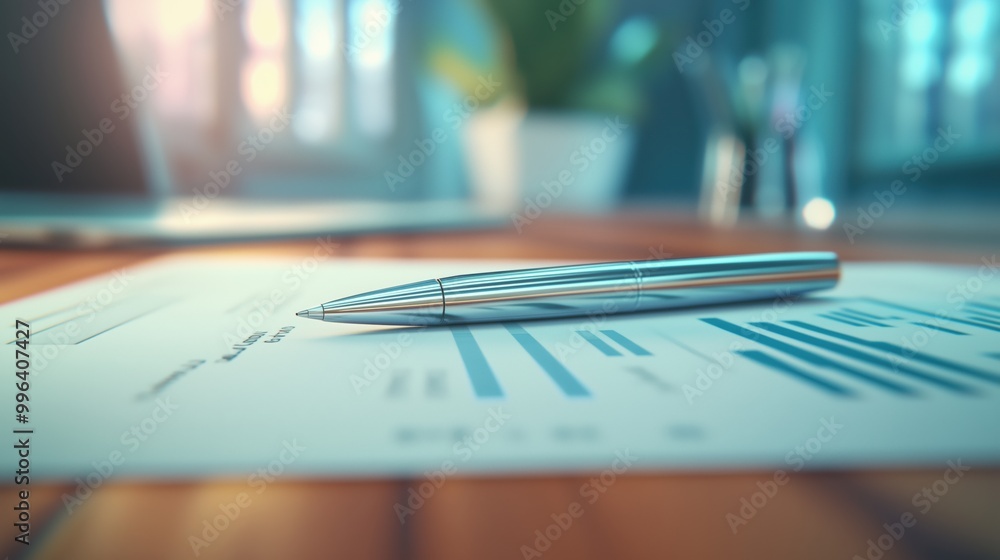 Modern Office: Silver Pen & Financial Chart on Wooden Table Modern Office: Silver Pen & Financial Chart on Wooden Table