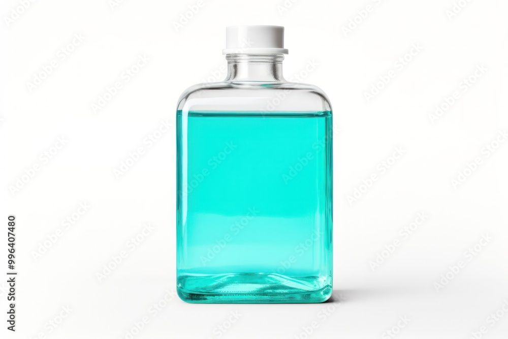 A bottle of antiseptic solution, its label clear and informative, positioned against a clean white background. A bottle of antiseptic solution, its label clear and informative, positioned against a clean white background.
