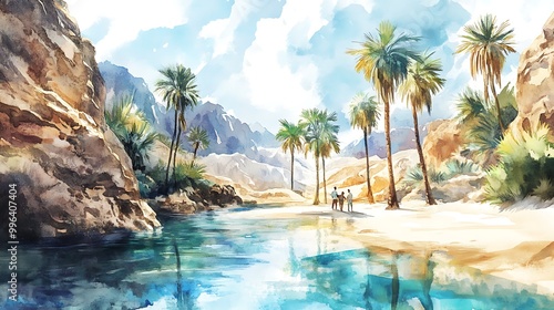 Watercolor Painting of Palm Trees and Oasis in the Desert.