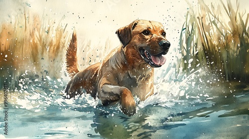 Watercolor Painting of a Golden Retriever Dog Running Through Water.