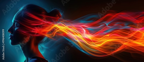 Colorful Light Trails Behind a Woman's Profile