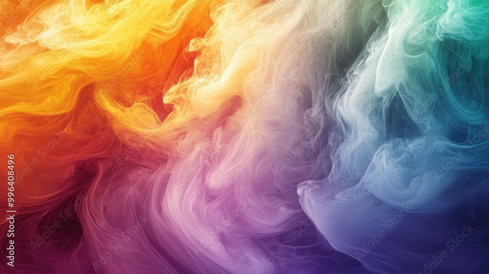 Naklejka premium Rainbow smoke swirls of every color merge softly with white mist, creating a vibrant and dreamy background with flowing shapes.