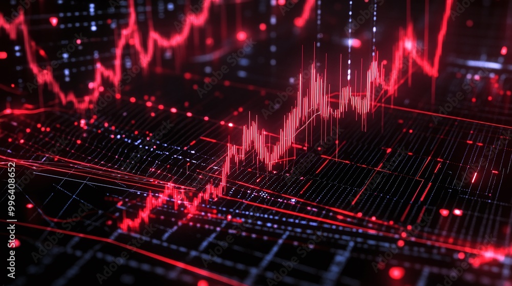 Digital stock market graph with red lines and glowing data points on a dark background, depicting financial trends. Digital stock market graph with red lines and glowing data points on a dark background, depicting financial trends.