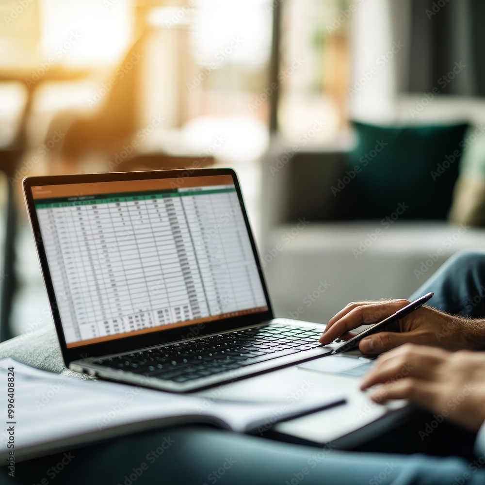 Person using laptop for data analysis in bright office environment. Person using laptop for data analysis in bright office environment.