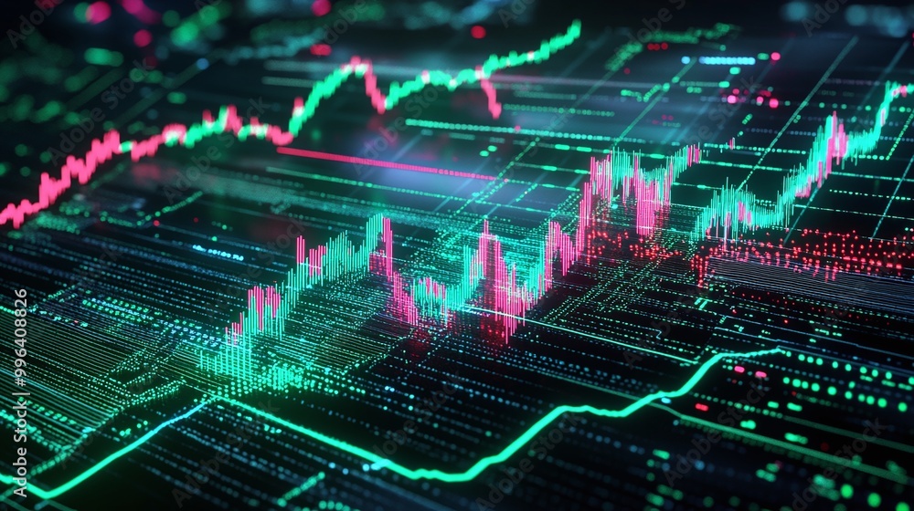 Digital stock market graph with vibrant green and pink lines illustrating data trends on a dark background. Digital stock market graph with vibrant green and pink lines illustrating data trends on a dark background.