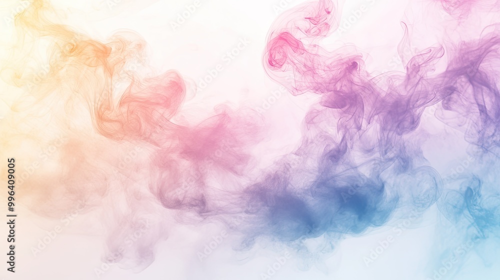 Soft, hazy clouds of pastel smoke in pink, blue, and soft yellow drift across the frame, set against a minimalist white background. Soft, hazy clouds of pastel smoke in pink, blue, and soft yellow drift across the frame, set against a minimalist white background.