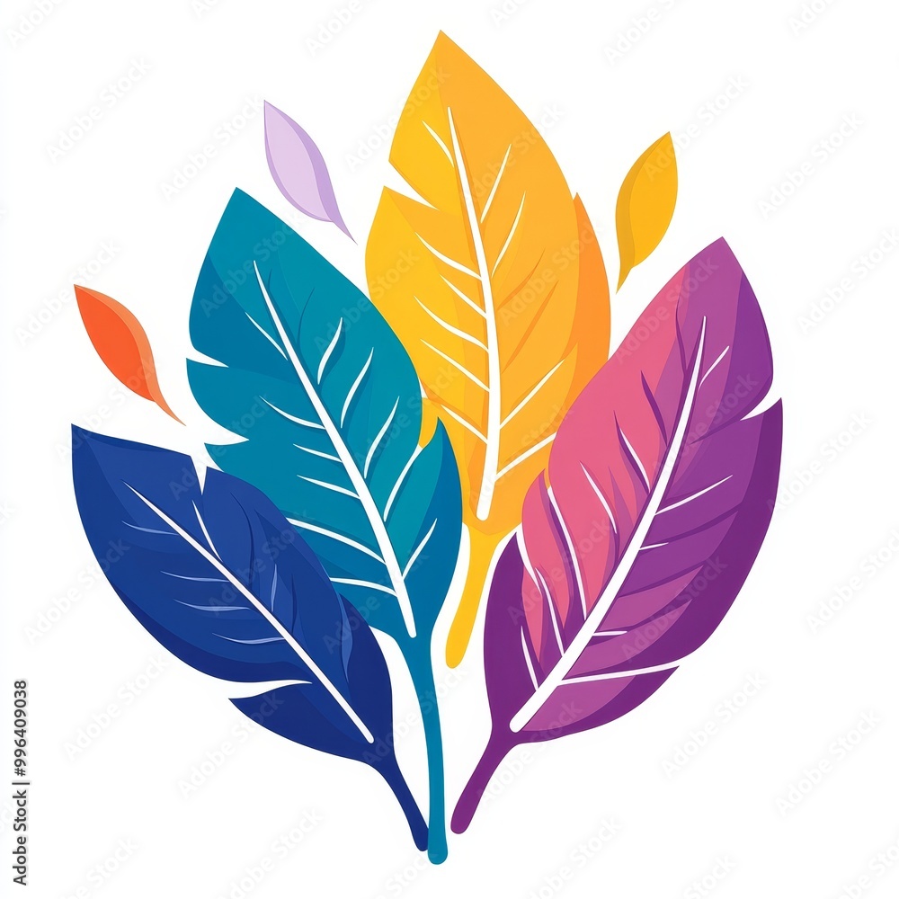 Fototapeta premium Colorful illustration of abstract leaves with vibrant hues, isolated on white background.
