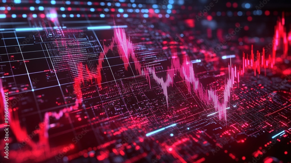 Digital stock market graphs with vibrant red and blue colors representing financial trends and data analysis. Digital stock market graphs with vibrant red and blue colors representing financial trends and data analysis.