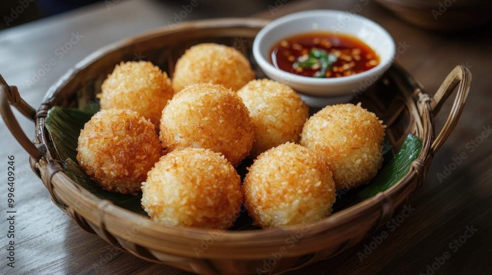Sticky Rice Appetier Crispy rice balls showcased in a nostalgic atmosphere a classic ...